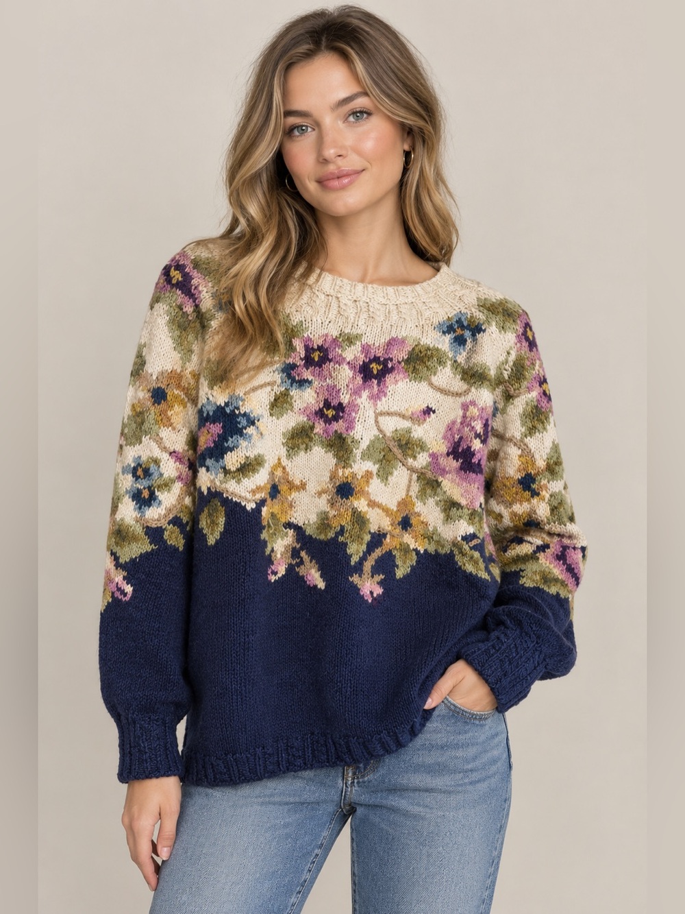 Vintage Hand-Knit Floral 80s Cullinane Sweater Ramie Cotton Cottagecore • L - Picture 1 of 9